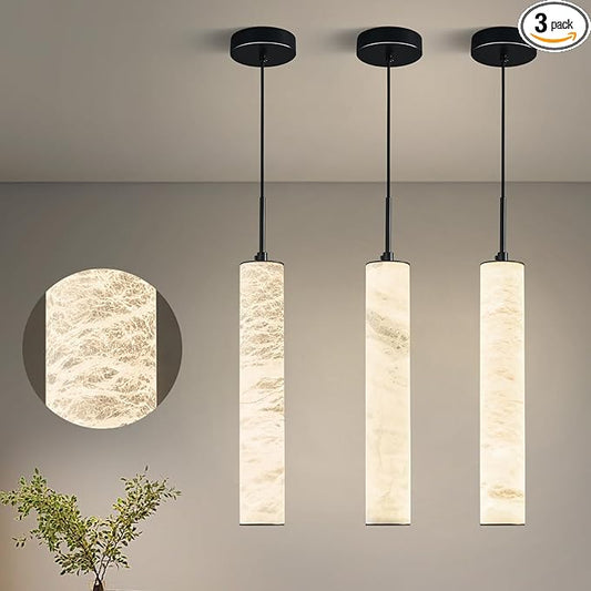 LMQNINE Natural Alabaster Pendant Lights for Kitchen Island White Marble Long Tube Chandelier 4000K Modern Black Ceiling Light Fixtures for Bedroom Dining Room Table Living Room Hallway(M-3Pack)