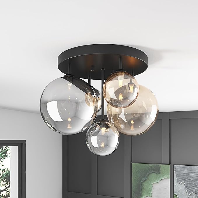 Aiwen 5-Light 17.71 in Black Semi Flush Mount Ceiling Light, Modern Ceiling Chandeliers with Globe Glass Shade, Farmhouse Ceiling Light Fixture, Cluster Chandelier for Bedroom