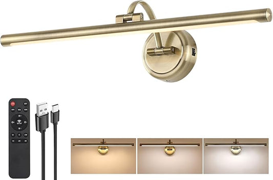 Battery Operated Picture Light, Cordless Art Light with Remote Control, Photo Frame Light with 5000mAh Battery, 3 Color Temperatures & Stepless Dimming for Gallery, Hallway(Antique Bronze, 23.6inch)