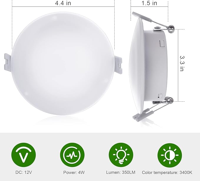 12V RV Interior Light, 4.5 Inch Recessed LED Ceiling Dome Puck Light,Frosted Glass-Style Cover, for Camper Van Trailer and Boat, Easy Mount Warm White (Pack 2)