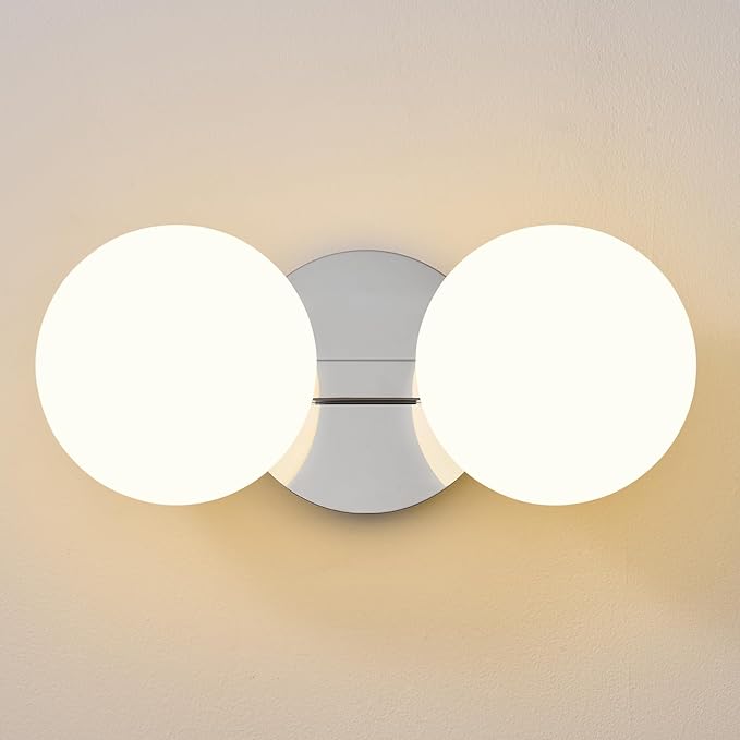 Globe Bathroom Vanity Light Fixtures: Chrome Wall Scones With 2 Milk Glass Shade - Modern Makeup Lighting Fixture over Mirror - Brass Ball Powder Room Vanities Lights for Hallway Bedroom Bulb Excluded