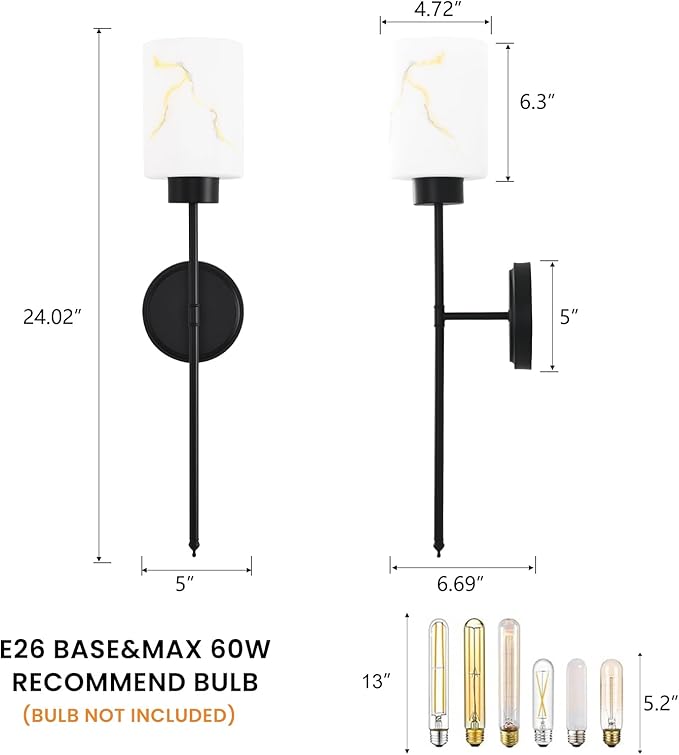 Black Wall Sconces Set of 2 with Marble Glass Shade, Modern Bathroom Vanity Light Fixtures for Bedroom, Hallway, Entryway, Living Room