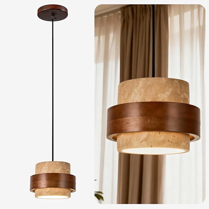 Wabi Sabi Pendant Light - Japandi Nordic Fixture Lamp, Natural Wood & Stone Concrete Chandelier for Japanese Bedroom, Kitchen Island & Dining Room (Yellow Travertine 1-Head)