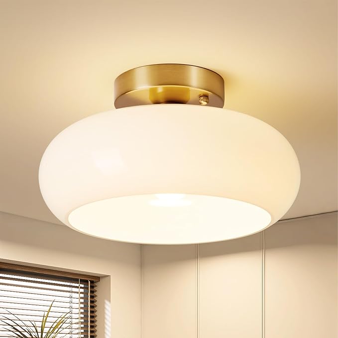 Semi Flush Mount Ceiling Light, Mid Century Modern Gold Light Fixture with Milk Glass Shade 11.02''Vintage Ceiling Lamp for Entryway Hallway Foyer, Laundry Room, Schoolhouse