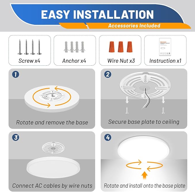 Allsmartlife 4-Pack LED Flush Mount Ceiling Light, 12inch 24W 2880lm Dimmable CCT 3000K/4000K/6500K Edge-Lit Thin White Round Flat Panel Light Surface Mount for Kitchen，Hallway，Bedroom