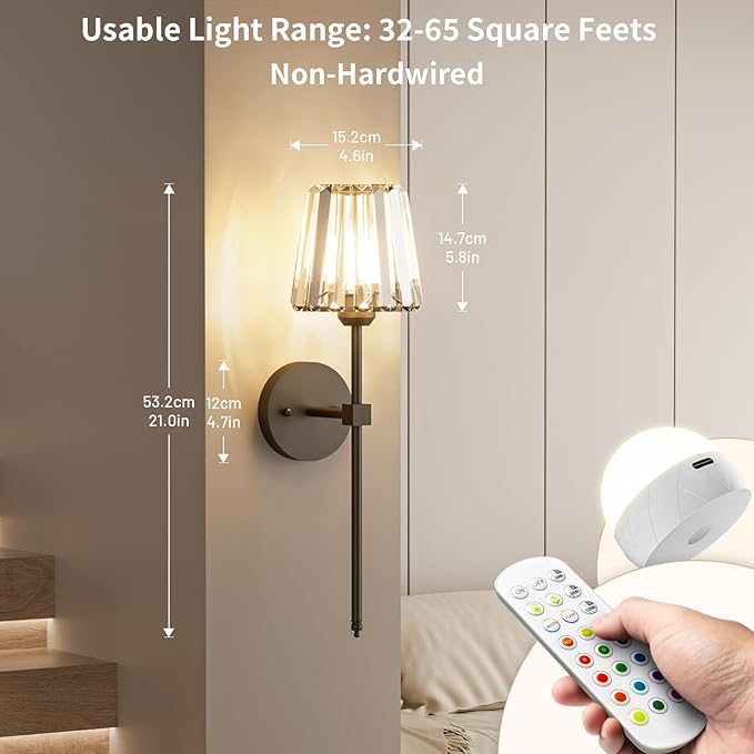 Crystal Battery Operated Wall Sconces Set of 2, Black Rechargeable Wireless Wall Sconce Lights with Crystal Lampshade, 12 RGB and 3CCT Dimmable Wall Lamps with Remote for Bedroom Living Room Hallway