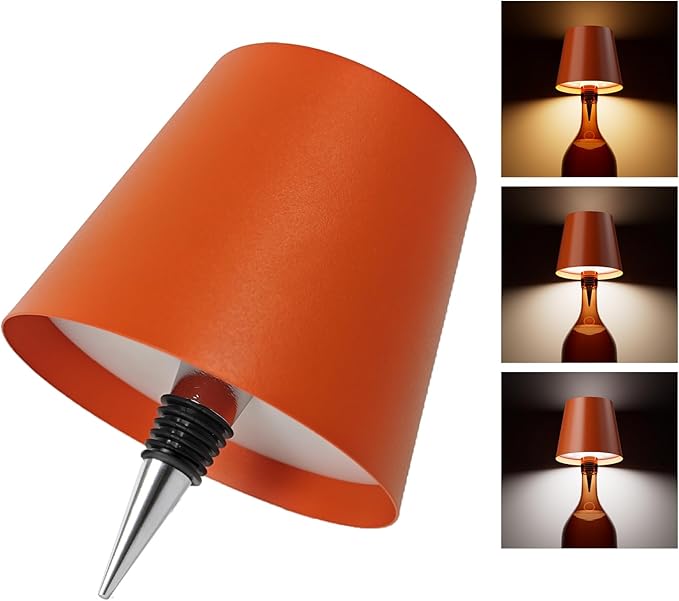 Wireless Bottle Lamp Shade - Portable LED Wine Bottle Lamp with Stopper, 3 Color Stepless Dimming Rechargeable Touch Wine Bottle Lights for Any Liquor Bottle Bars Restaurants-Orange
