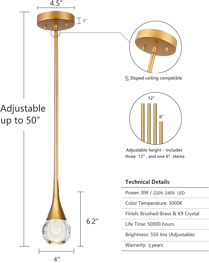 2-Pendant Lights Kitchen Island, Brass Gold Globe Crystal Ceiling Hanging Light Fxitures, LED Light Fixtures Metal Rod Ceiling Glass Pendant Lighting for Kitchen Island Dining Room Bar