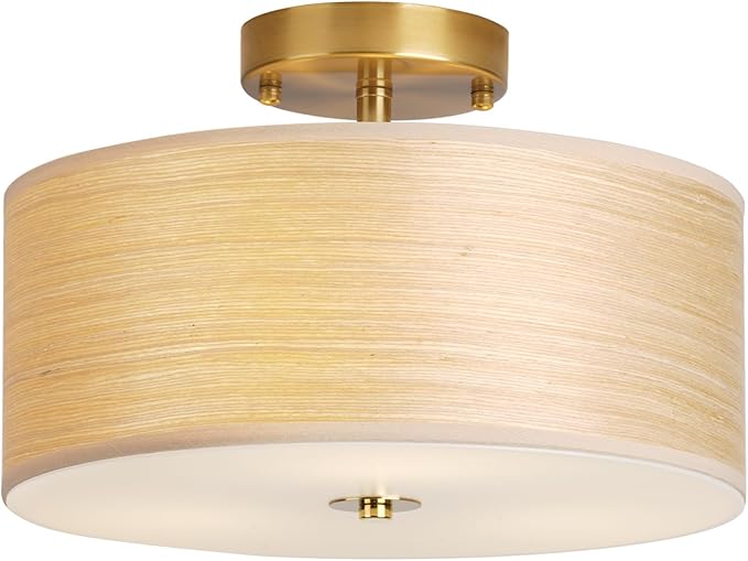 Gold Drum Ceiling Light Fixture, 13" Semi Flush Mount with Natural Wood Shade, Modern Farmhouse Close to Ceiling Lamp for Bedroom, Dining Room, Kitchen, Hallway, Entryway, Foyer