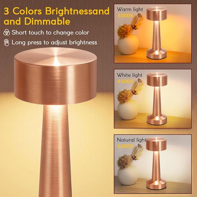 HPUFKOT Portable LED Table Lamp, 3-Levels Brightness Metal Desk Lamp,3 Color Touch Control Rechargeable Lamp, Ideal Bedside Lamp for Nightstand,Bedroom, Living Room (Rose Gold)
