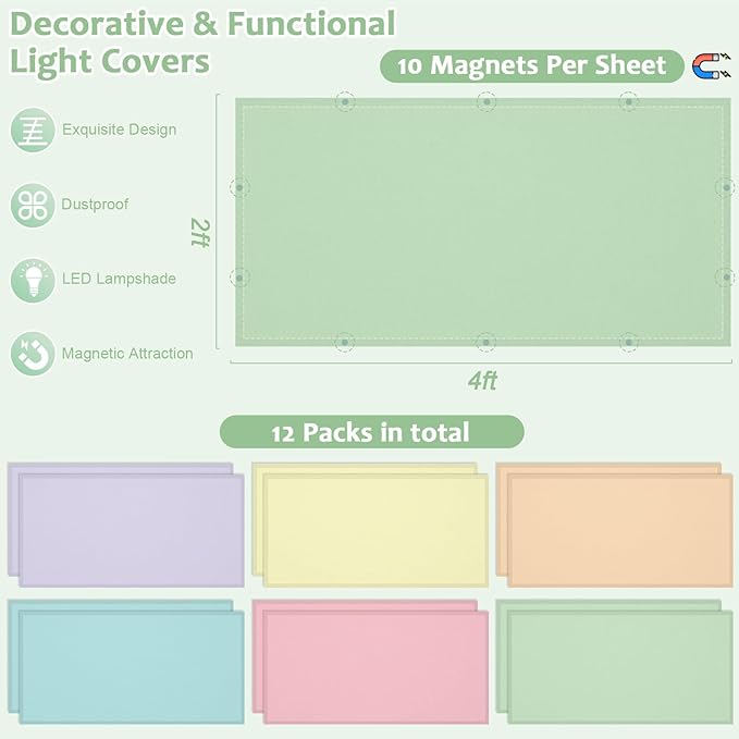QOUBAI 12PCS Fluorescent Light Covers, 4 x 2 Feet Magnetic Light Cover Fluorescent Lights Shade Panel Positive Inspirational Ceiling Lights Filters for Office Classroom Home Drop Ceiling Pastel