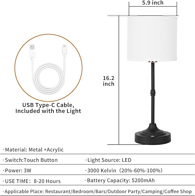 Rechargeable Cordless LED Table Lamp Fabric Shade Desk Lamp, 3-Level Dimmable Touch Control, 5200mAh, Patio Table Lamp, Bedside Night Lamp, Ambient Light for Restaurant.(Black)