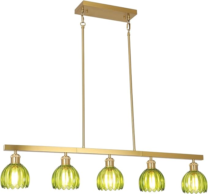 5-Lights Modern Chandeliers for Dining Room, Gold Pendant Light Fixtures with Green Flower Shade, Entryway Chandelier Pendant Lighting for kitchen island, Linear Hanging Dining Room Light Fixture