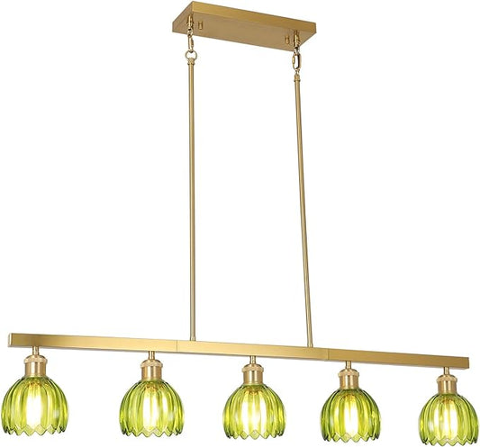 5-Lights Modern Chandeliers for Dining Room, Gold Pendant Light Fixtures with Green Flower Shade, Entryway Chandelier Pendant Lighting for kitchen island, Linear Hanging Dining Room Light Fixture