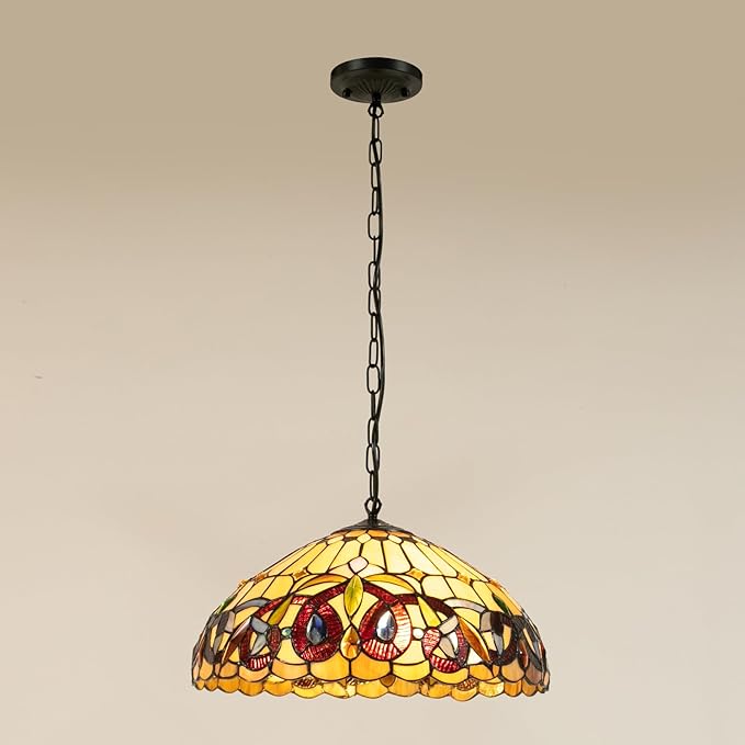 Vintage Pendant Light Fixtures, 16Inch Stained Glass Hanging Lamp 100-240V Antique Style Ceiling Mount Light for Dining Room Living Room Kitchen Entryway-E26