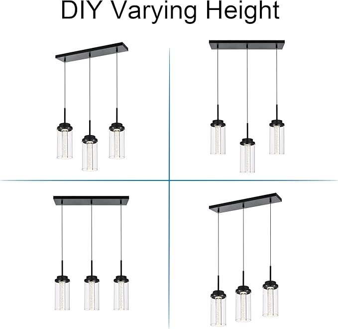 MELUCEE Dimmable LED Pendant Light 3-Light Linear Dining Room Light Fixture Over Table Black Chandelier, 3000K-6000K Adjustable Color Temperature Island Lights with Clear Glass Shade