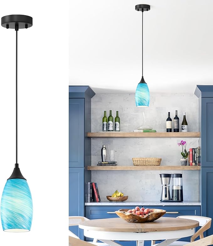 ANYLOVE Vintage Art Lake Blue Stripe Pendant Lighting,1-Pack Hand Glass Hanging Light Fixture,Adjustable Cord for Kitchen,Hallway,Dining Room