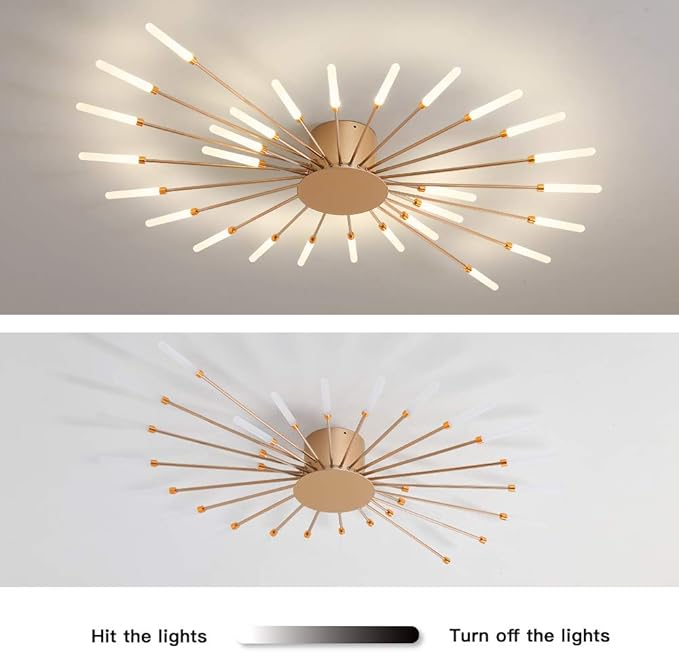 JAYMP 41.3" Ceiling Light Modern Flower Shape Ceiling Lamp for Dining Room Kitchen Hallway Flush Mount Metal Acrylic Sputnik Firework Petal LED Lighting Fixture (Matte Gold, 28 Lights)