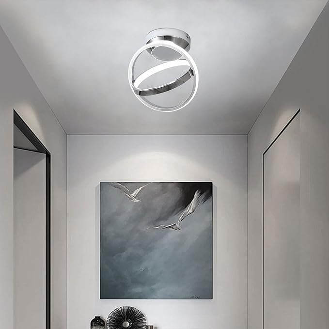 CANEOE Modern Led Ceiling Light Fixtures, 30W Creative Round Led Hallway Lamps with Chrome Finish, 6000K Close to Ceiling Lighting Fixture for Hallway Aisle Living Room Bedroom