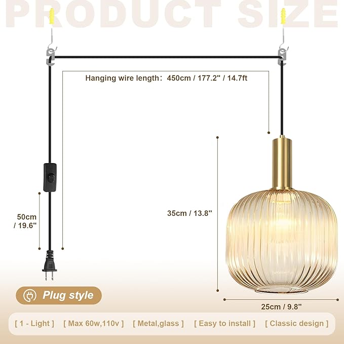 Amber Glass Plug in Pendant Light, 9.8" Mid Century Modern Gold Hanging Light with On/Off Switch, Striped Glass Globe Hanging Swag Lamps for Kitchen Island Dining Room Bedroom Living Room