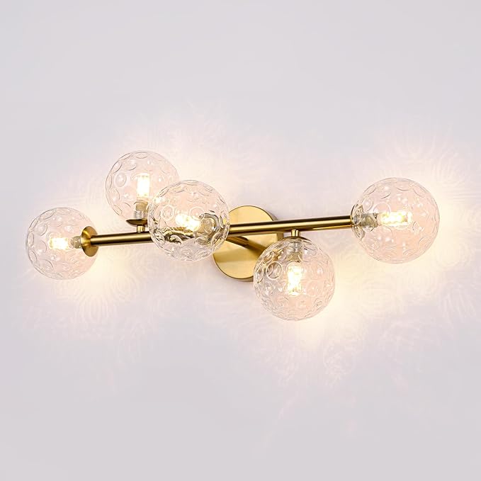 Gold Brass Globe Vanity Light - Vintage 5-Lights Wall Sconce - Sphere Round Lights Fixture with Hammered Clear Glass Shade - Mid Century Modern Sconces for Bathroom Bedroom Living Room Entryway Porch