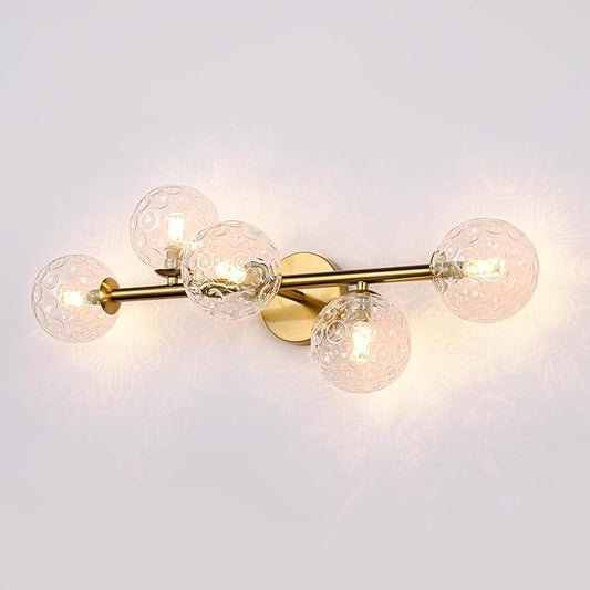 Gold Brass Globe Vanity Light - Vintage 5-Lights Wall Sconce - Sphere Round Lights Fixture with Hammered Clear Glass Shade - Mid Century Modern Sconces for Bathroom Bedroom Living Room Entryway Porch