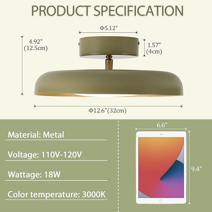 BISAMIYA Modern LED 12.6 inch Ceiling Light, Adjustable Semi Flush Mount Ceiling Light Fixture, Brass Accent, for Hallway, Kitchen, Entryway, 18W 3000K Warm White