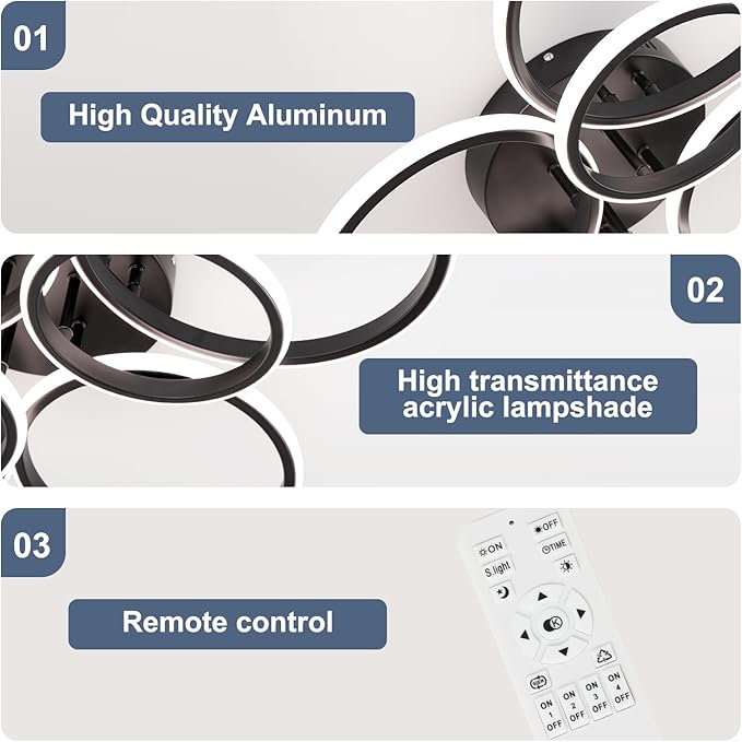 Modern Ceiling Lights, 6 Rings Dimmable Black LED Ceiling Light Fixtures with Remote Control, 60W Close to Ceilings Lighting for Living Room, Bedroom, Dining Room