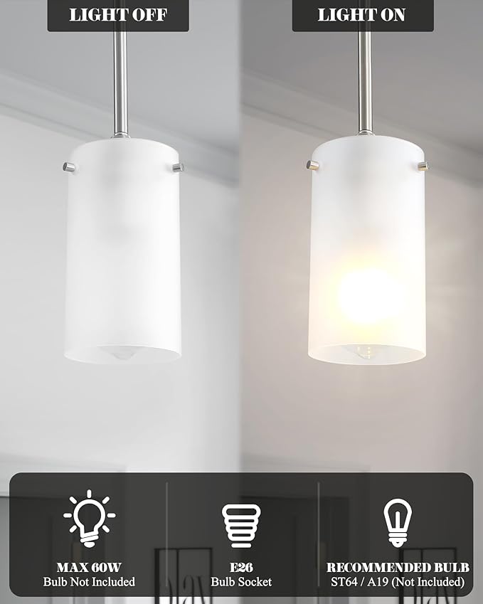 Mini Pendant Light Fixture 1-Light, 2 Pack Brushed Nickel Hanging Ceiling Lights with Opal White Glass, Adjustable Height, Modern Hanging Pendant Lamp for Kitchen Island