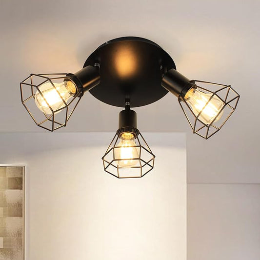 HiBay LED Track Lighting Fixtures, 3-Light Adjustable Directional Ceiling Light, Black Geometric Metal Cage Industrial Spotlight Indoor for Kitchen, Dining, Bedroom, E26 Base (Bulbs Not Included)