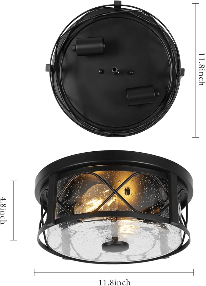 Rustic Close to Ceiling Light Fixtures, Farmhouse Flush Mount Ceiling Lighting, Metal Cage Lighting with Seeded Glass Black Cage for Home Kitchen Dining Room Bedroom Hallway Entryway Foyer