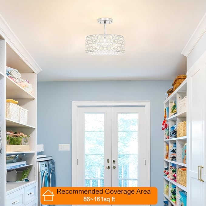 Chrome Crystal Ceiling Light Fixture - Modern Semi Flush Mount Ceiling Light for Hallway, Kitchen Lighting Fixtures Ceiling, Dazzling Prism Chandelier for Foyer Closet Bedroom, 3 Light, 12 in