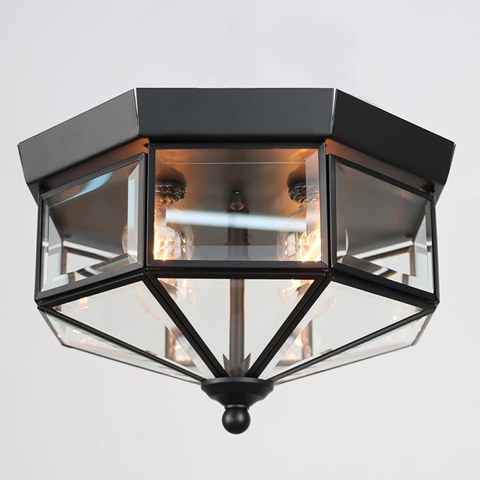 Flush Mount Outdoor Ceiling Light Fixture, 4 Light Exterior Porch Ceiling Lights with Clear Glass, Black Farmhouse Lighting for Indoor Hallway Kitchen Stairway (E12 Base)
