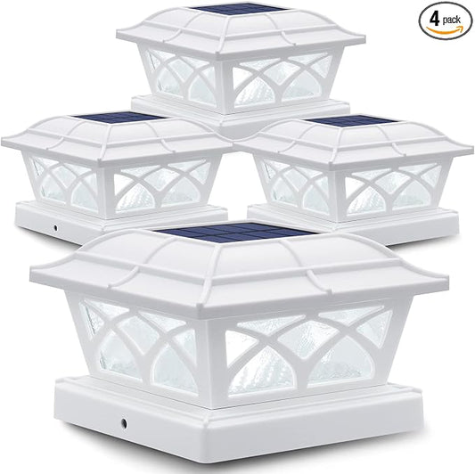 SIEDiNLAR Solar Post Cap Lights Outdoor Glass 2 Color Modes 8 LEDs for 4x4 5x5 6x6 Posts Fence Deck Patio Decoration Warm White & Cool White Lighting White (4 Pack)