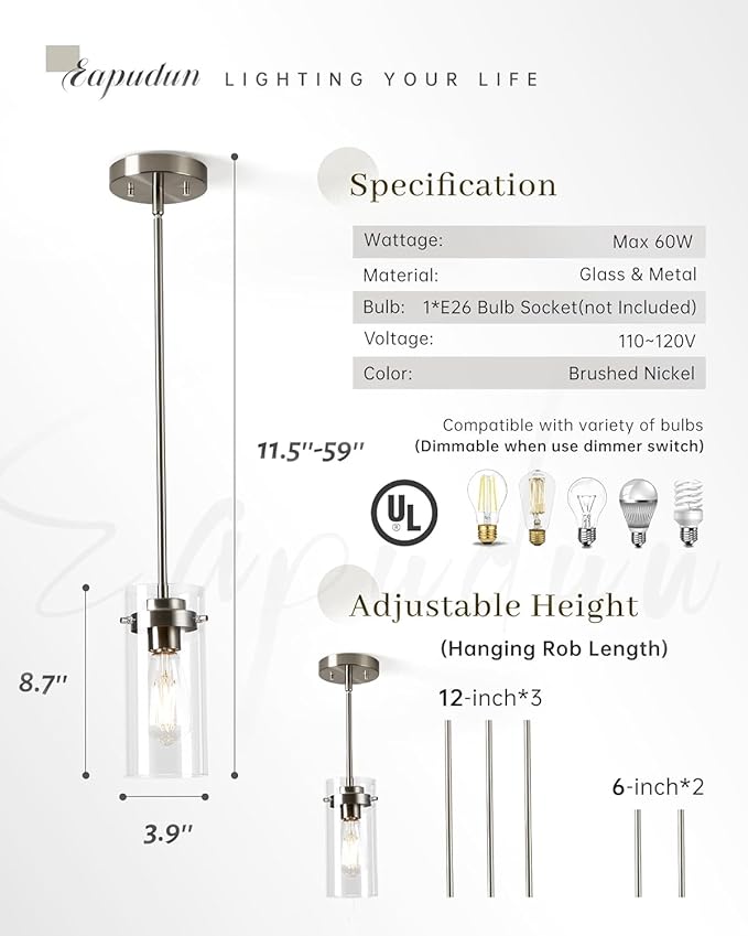 EAPUDUN Pendant Lights Kitchen Island (3 Pack), Clear Glass Shade Kitchen Lighting fixtures Ceiling Hanging, Black Pendant Lights for Kitchen Island,Dining Room,Corridor Bedroom E26 Base
