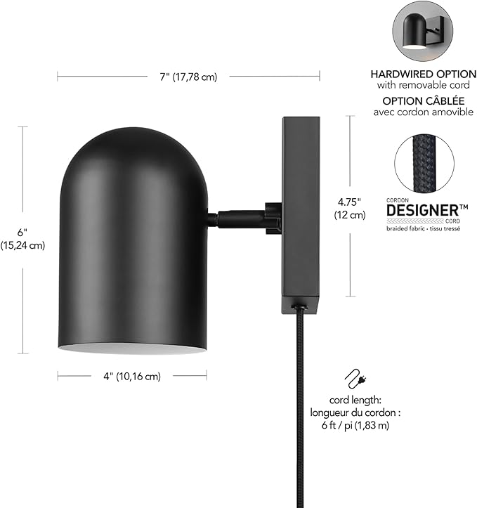 Globe Electric 65000098 1-Light Plug-in or Hardwire Wall Sconce, Matte Black, 6ft Braided Fabric Cord, in-Line Rocker Switch, Modern Lighting for Apartments or Renters, Lights for Living Room