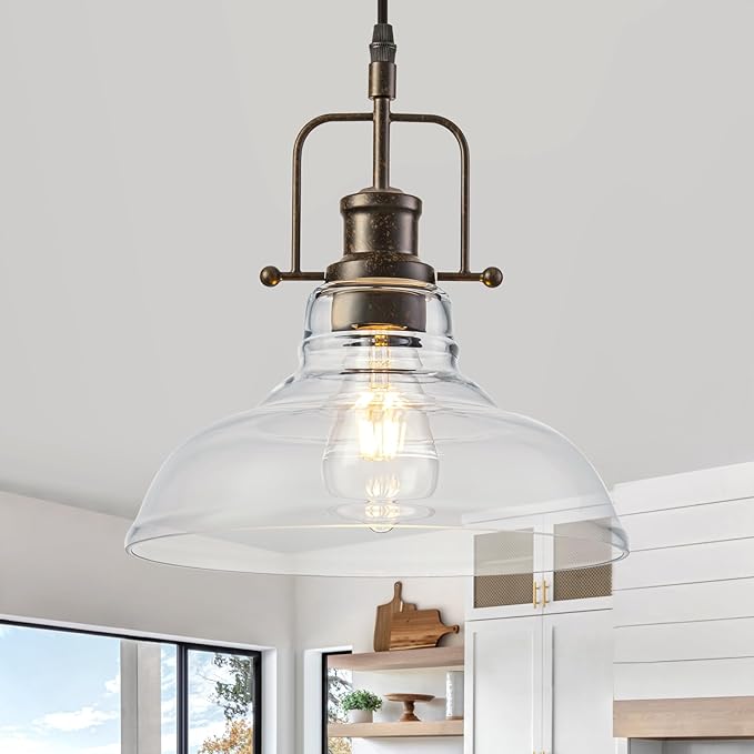 WILON Pendant Lights Kitchen Island Lighting, 11" Rust-Coloured Farmhouse Hanging Light Fixture, Kitchen Pendant Lighting Over Island Clear Glass Shade for Dining Hallway Entryway Bar