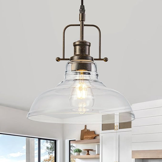 WILON Pendant Lights Kitchen Island Lighting, 11" Rust-Coloured Farmhouse Hanging Light Fixture, Kitchen Pendant Lighting Over Island Clear Glass Shade for Dining Hallway Entryway Bar