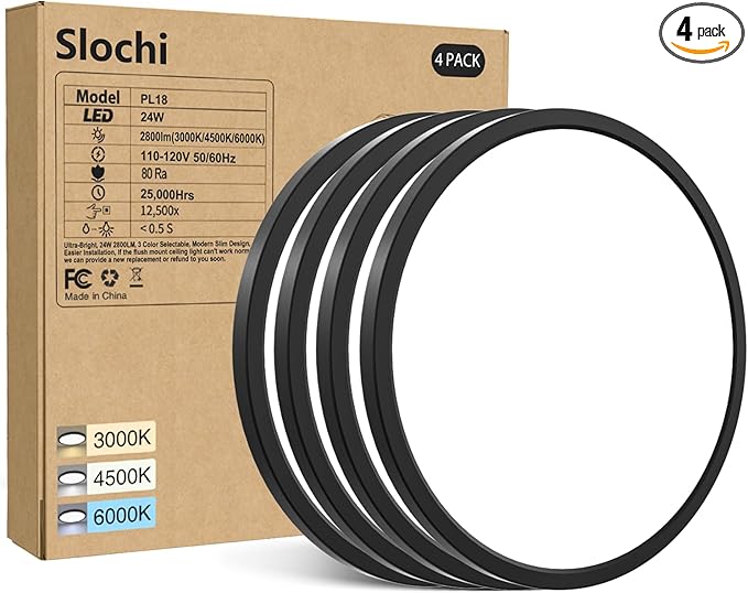 slochi 4PACK LED Flush Mount Ceiling Light Fixture Black, 9Inch 24Watt, 5000K Daylight Light, Ultra Slim Flush Mount Ceiling Lamp for Living Room, Dining Room, Hallway,NOT-DIMMABLE