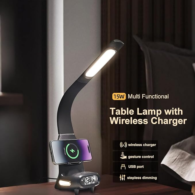 IHAO Multi Functional Smart Eye-Care Desk Lamp Wireless Charger & Digital Alarm Clock Gesture Control Adjustable Light 15W Fast Charging Hidden Phone Stand, Date Timer Display Wake-Up Light-TX79 Black
