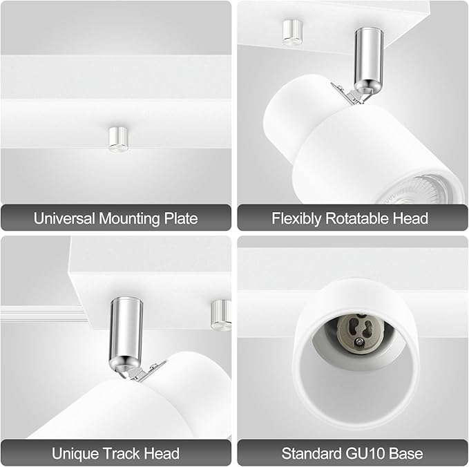 Plug in Track Lighting Fixtures Ceiling, White Track Light LED, 2-Light Track Lights with Cord, 2 Way Ceiling Spotlight, Rocker Switch, Rotatable Wall Mount Light for Kitchen/Bedroom,Bulb Not Included