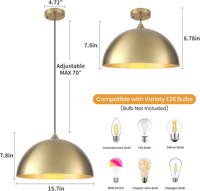 Gold Pendant Light 15.7", Modern Pendant Lights Kitchen Island, Large Farmhouse Hanging Lamp for Dining Room Bedroom Hallway Bar