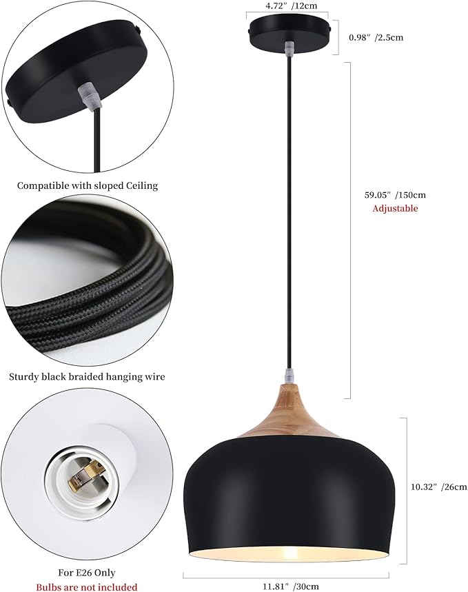 Modern Pendant Lights,Wooden Dome Pendant Light Fixture,Adjustable Hanging Pendant Lighting Chandelier Lamp for Kitchen Island,Dining Room,Hallway,Foyer,Bedroom(Black)