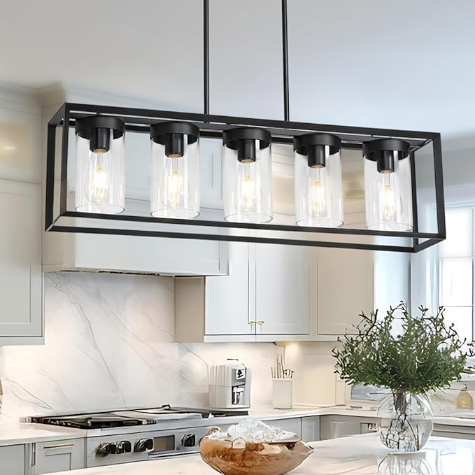Black Rectangle Farmhouse Chandeliers, 5-Light Dining Room Light Fixture with Clear Glass Shades,Modern Metal Industrial Kitchen Island Lighting Fixtures Ceiling Hanging Pendant Lights