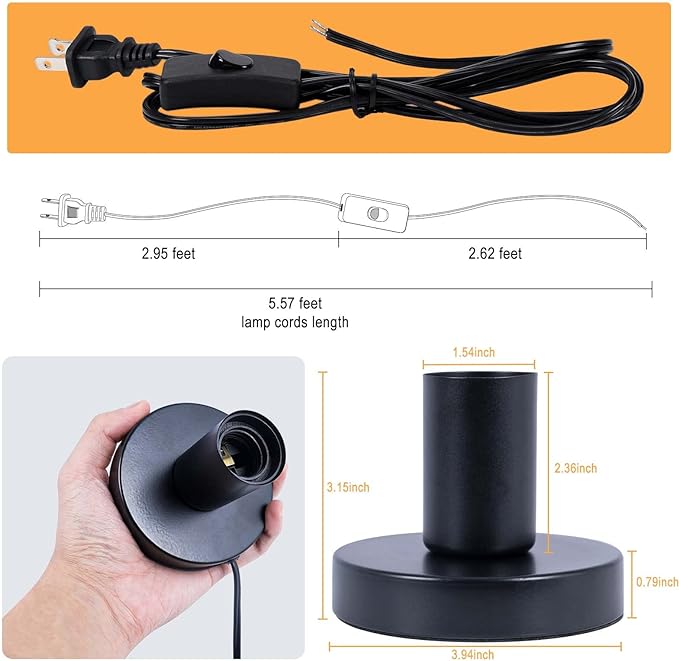 Industrial Table Lamp, Small Metal Desktop Light Socket Base, Vintage E26/E27 Edison Screw Light Bulb Holder, 5.57ft Cord, On/Off Switch, US Plug (Black, Set of 2)