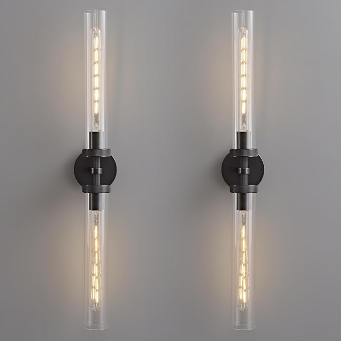 Bathroom Sconces Set of Two, 30 inch Black Wall Sconce with Tube Glass, Modern Vanity Sconces Lights for Bathroom,Bedroom,Living Room,Hallway, Staircase(E26 Bulb Include)