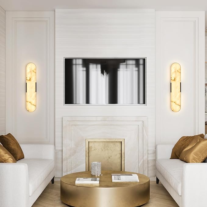 2 Pack Alabaster Wall Sconces 20" Spanish Natural Marble Wall Lights, Indoor Black Mid Century Marble Wall Lighting Bathroom Alabaster Wall Lamps for Bedroom Living Room Stairway Cafe