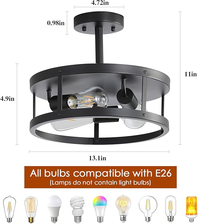 Farmhouse Semi Flush Mount Ceiling Light, 13 Inch Black Close to Ceiling Lights 3-Light, Easy Assembled, Vintage Metal Cage Drum Flush Mount Ceiling Lights for Bedroom Kitchen Porch Laundry