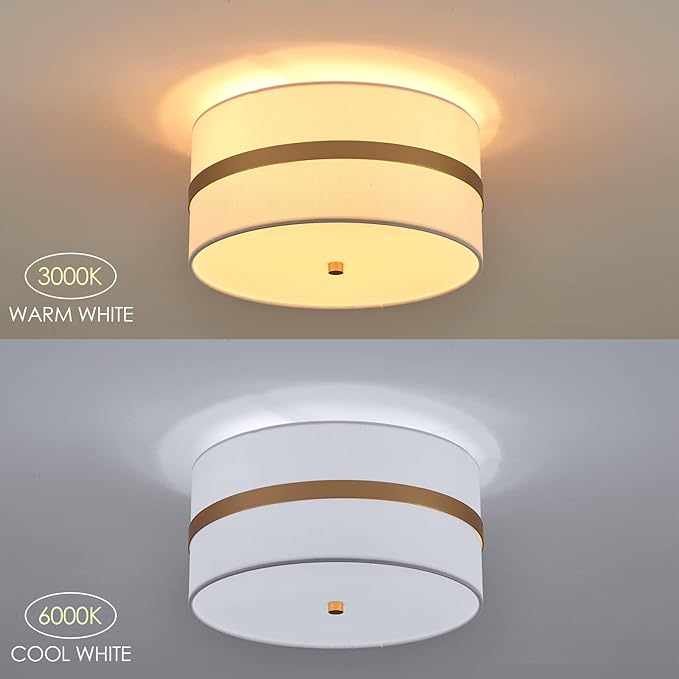 Semi Flush Mount Ceiling Light Fixture, Thin Pale Gold Brush Paint Finish Modern Ceiling Lamp with Cream White Fabric Drum Shade for Nursery Kids Room Bedroom Kitchen Hallway Entryway 3-Light