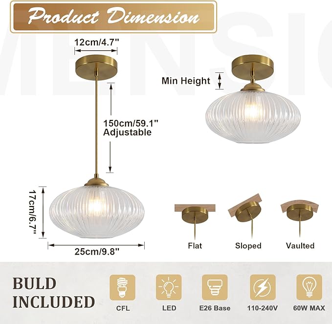 Mid Century Clear Glass Pendant Lights Kitchen Island Modern Brushed Gold Hanging Light Fixture Vintage 1 Light Single Indoor Round Pendant Lighting Adjustable Globe Hanging Lamps MPL30-D